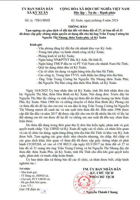 Thông báo tạm ngừng giao dịch đối với thửa đất ông Trần Trọng Cường và bà Nguyễn Thị Nhung
