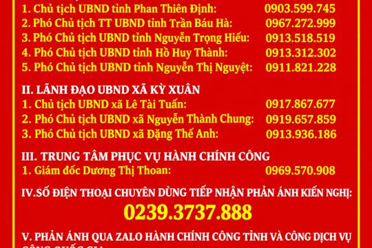 UBND xã Kỳ Xuân công khai địa chỉ và số điện thoại tiếp nhận thông tin phản ánh, kiến nghị của người dân, tổ chức, doanh nghiệp trong giải quyết thủ tục hành chính